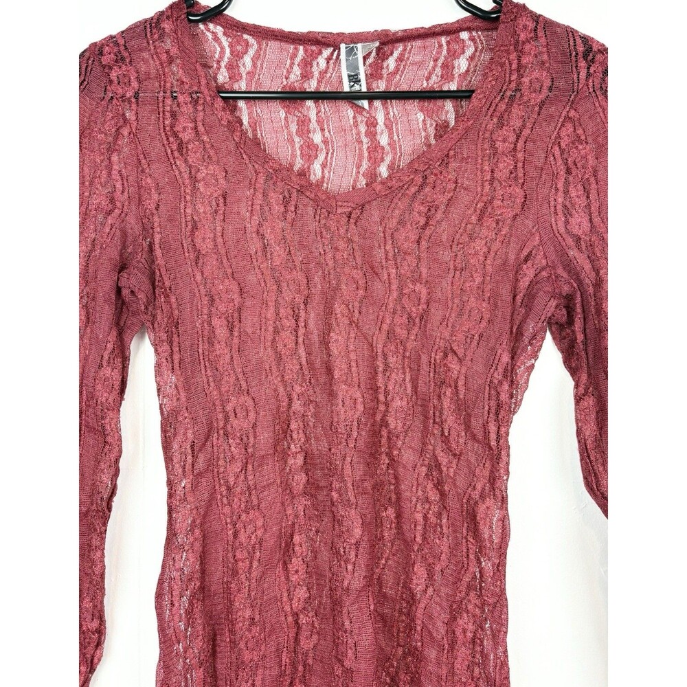Romantic Shimmer Floral Red Rose Whimsigoth Fairy Sheer Lace Long Sleeve Top MED